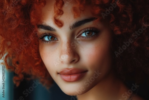Close-up portrait of a young woman with vibrant red curly hair and captivating brown eyes.  Her freckled complexion adds to her natural beauty.