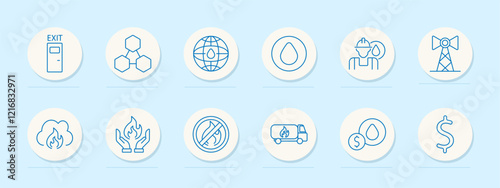 Energy set icon. Exit door, molecular structure, globe, oil drop, worker, tower, flame, safety hands, no fire, fuel truck, dollar symbol. Represent energy production, safety, and global resources