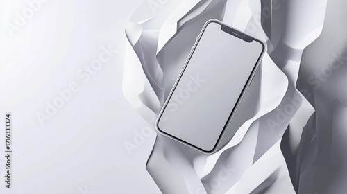 A white minimal phone mockup with soft, ambient lighting, sleek design, and a clean background