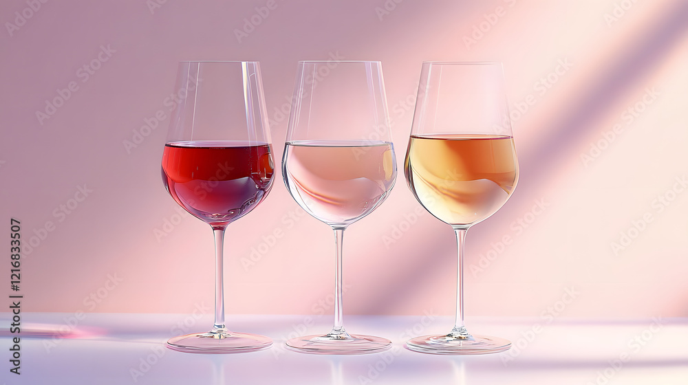Three elegantly shaped glasses filled with red, white, and rose wine arranged neatly on a clean surface, illuminated by soft natural light against a pastel background Three elegantly shaped glasses filled with red, white, and rose wine arranged neatly on a clean surface, illuminated by soft natural light against a pastel background