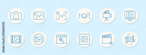Photography set icon. Camera, photo, focus frame, tripod, video camera, play screen, film reel, edit clapperboard, play button. Represent photography, videography, and media creation