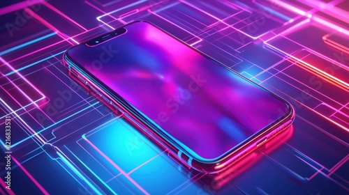 An iridescent phone mockup floating with soft, ambient lighting, sleek design, clean background, and a technology vibe enhanced by LED accents