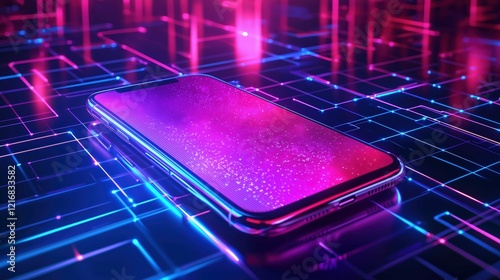 An iridescent phone mockup floating with soft, ambient lighting, sleek design, clean background, and a technology vibe enhanced by LED accents
