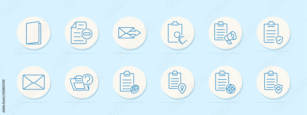 Documents set icon. Folder, restricted document, mail, clipboard with magnifier, campaign clipboard, protected checklist, secure document. Represent secure communication, analysis, and document safety Documents set icon. Folder, restricted document, mail, clipboard with magnifier, campaign clipboard, protected checklist, secure document. Represent secure communication, analysis, and document safety