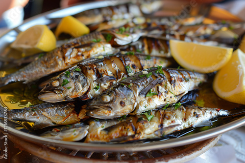 Sardinhas assadas - portuguese food. Grilled sardines. photo