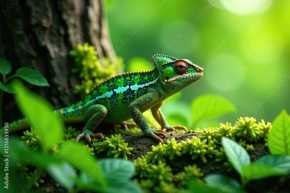 Green foliage surrounds a small chameleon blending in, nature, chameleon, tree Green foliage surrounds a small chameleon blending in, nature, chameleon, tree