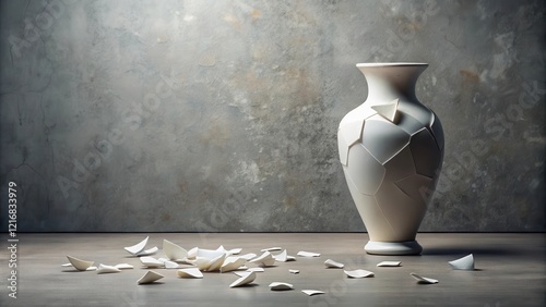 Shattered porcelain vase on a grey background, with fragments scattered around it , shattered, art