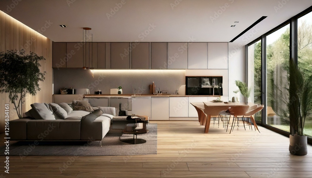 Fototapeta premium Modern interior with empty wall and luxurious kitchen and living room in minimalistic style. 3D Rendering