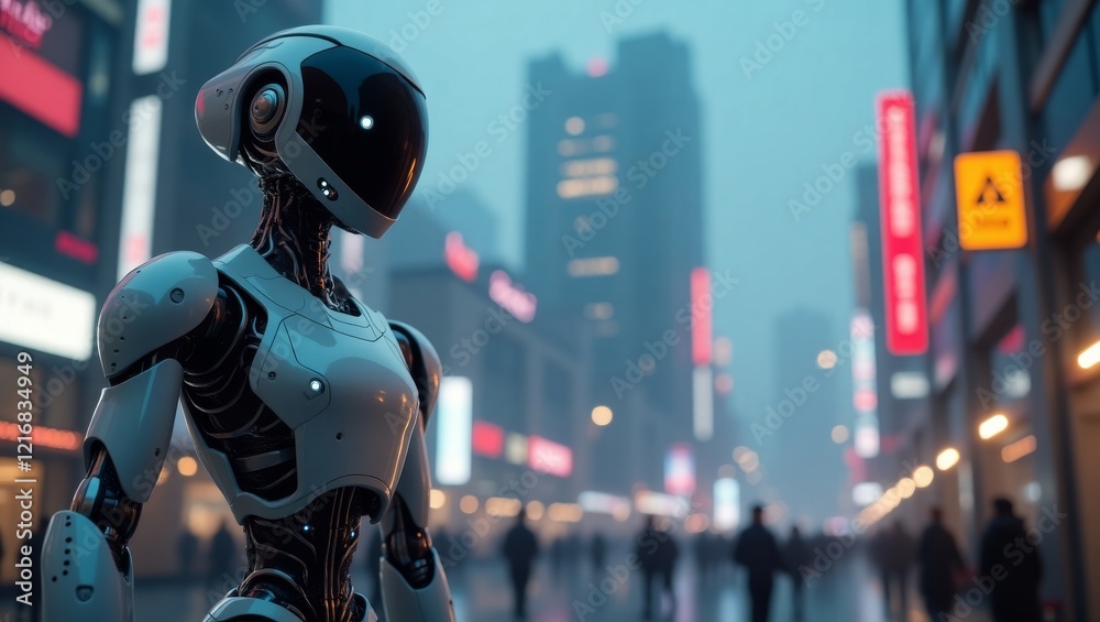 Futuristic humanoid robot in a high-tech urban environment, glowing lights and skyscrapers in the background. Perfect for technology, robotics, and science fiction themes. Futuristic humanoid robot in a high-tech urban environment, glowing lights and skyscrapers in the background. Perfect for technology, robotics, and science fiction themes.