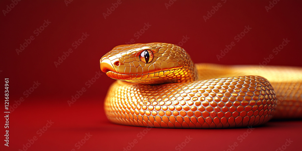 Fototapeta premium A golden snake resting on a vibrant red background, exuding the festive spirit of Chinese New Year. Its shimmering surface and elegant design symbolize prosperity and celebration.
