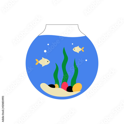 Fishbowl With Goldfish, Plants, And Pebbles In Flat Vector Illustration Symbolizing Aquarium Life, Relaxation, And Minimalist Decor, Isolated On White Background