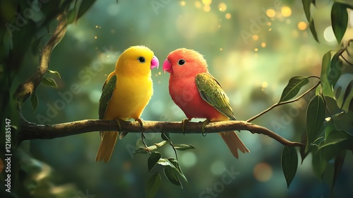 two colorful birds, one yellow and one pink, perched on a branch amidst a lush green background. The birds appear to be interacting with each other, creating a serene and vibrant scene.