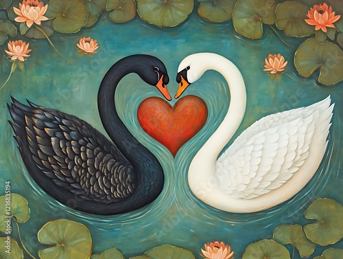 A painting of two black and white swans on the water with a red heart shape between them. photo