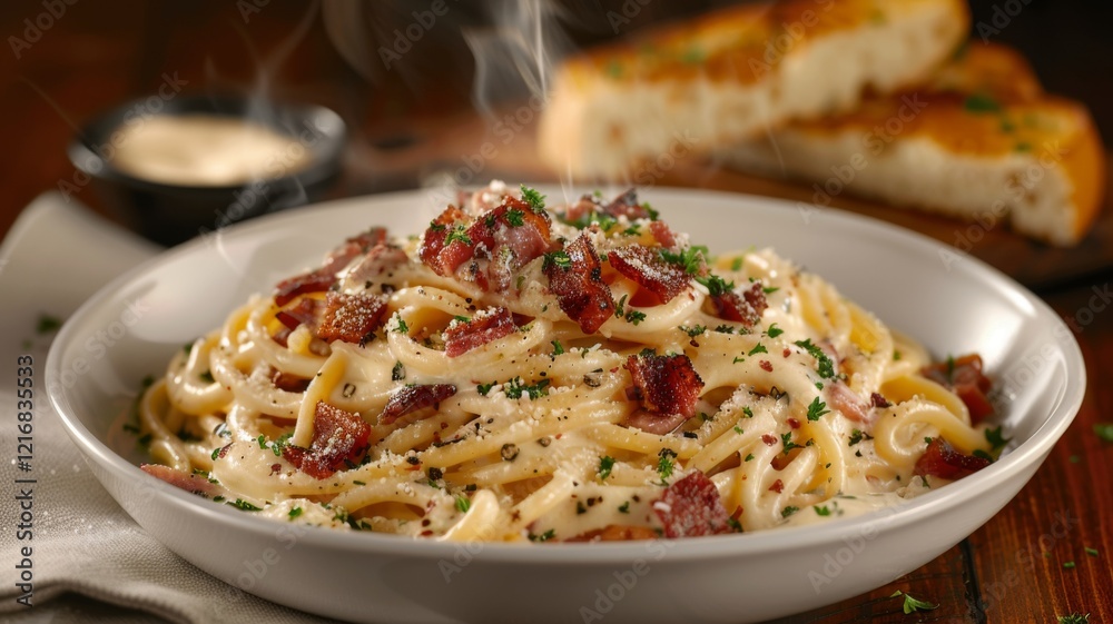 Spaghetti Carbonara: A plate of spaghetti tossed in a creamy sauce made from eggs, Parmesan cheese, and pancetta, garnished with fresh parsley and black pepper. Spaghetti Carbonara: A plate of spaghetti tossed in a creamy sauce made from eggs, Parmesan cheese, and pancetta, garnished with fresh parsley and black pepper.