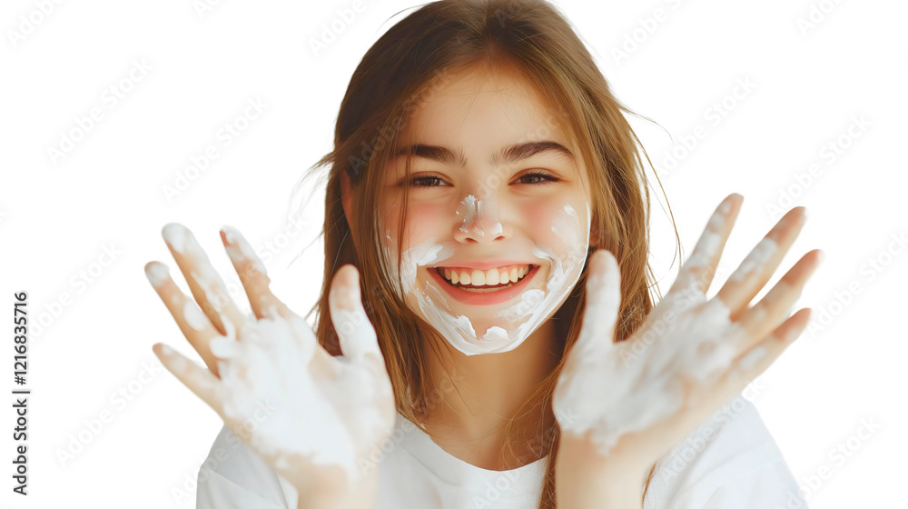 Smiling Girl Portrait with Clean Hands and Radiant Skin in Natural Skincare Routine Smiling Girl Portrait with Clean Hands and Radiant Skin in Natural Skincare Routine