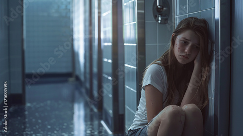 A teenage girl sits sobbing in a bathroom stall, seeking refuge from her bullies at school.