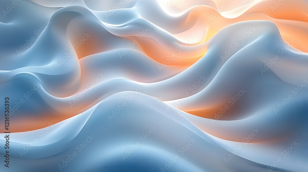Obraz premium Flowing curves and gentle ripples in soft fabric evoke a serene mood, blending pastel shades of blue and orange under morning light.