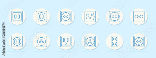 Electrical sockets set icon. Various plug socket designs, dual and triple sockets, round and square frames. Represent home and industrial electricity access