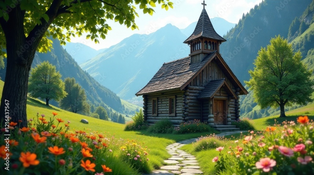 Serene Wooden Chapel nestled in a vibrant valley meadow, surrounded by blossoming wildflowers and majestic mountains under a sunny sky. Serene Wooden Chapel nestled in a vibrant valley meadow, surrounded by blossoming wildflowers and majestic mountains under a sunny sky.