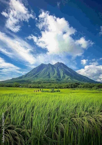 A photo of the grassy peak of Mount Arayat in Kalung, tanjil rÃ«a with blue sky and white clouds. In front is an endless rice field. photo