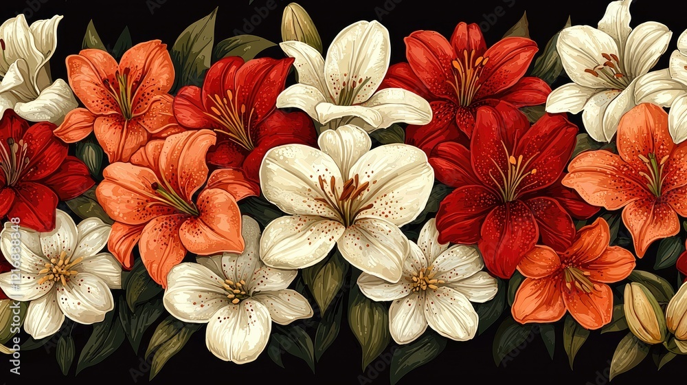 Fototapeta premium Vibrant Red White and Orange Lilies Floral Arrangement