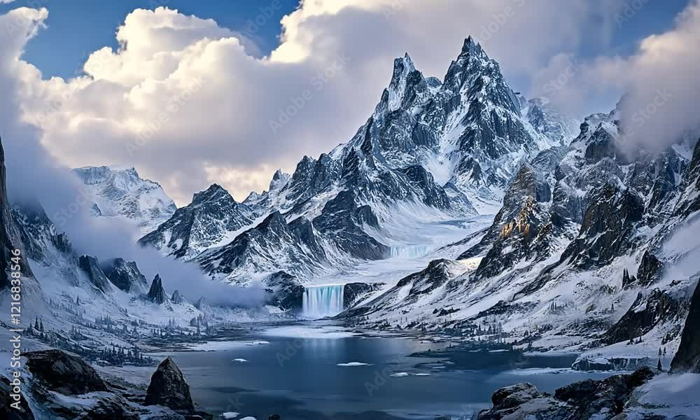 Majestic snowy mountains with a waterfall and serene lake Majestic snowy mountains with a waterfall and serene lake