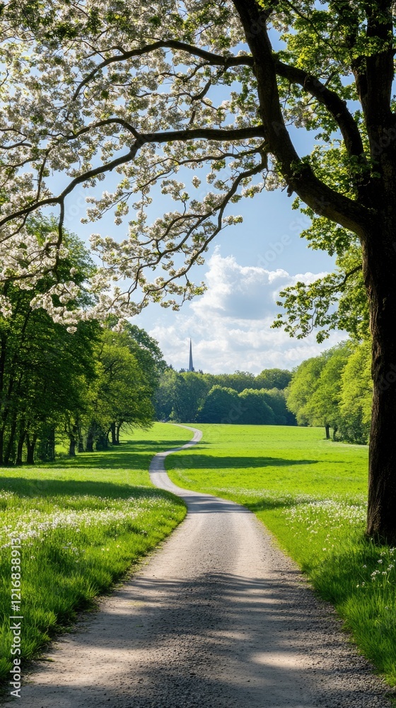 Springtime reveals a stunning apple orchard filled with white blossoms, a lush green path, and vibrant nature all around Springtime reveals a stunning apple orchard filled with white blossoms, a lush green path, and vibrant nature all around