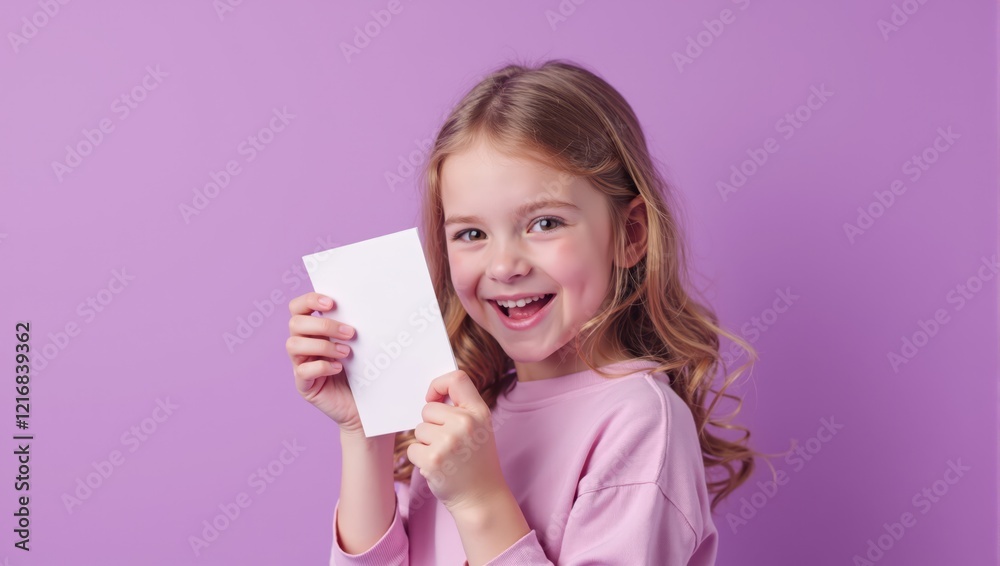 Girl Holding Blank White Card Against Purple Background Girl Holding Blank White Card Against Purple Background