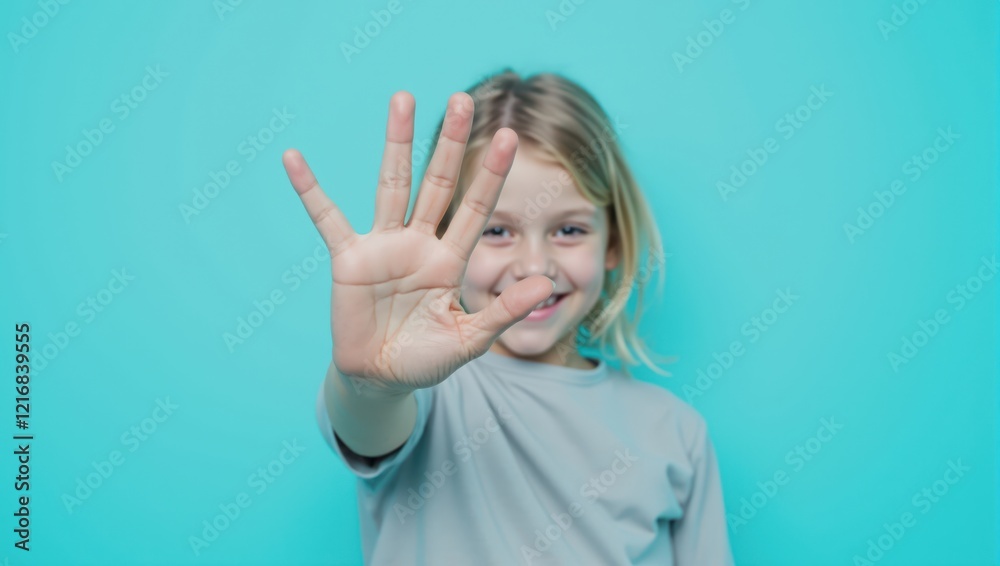 Girl Holding Up Open Hand Against Turquoise Background Girl Holding Up Open Hand Against Turquoise Background