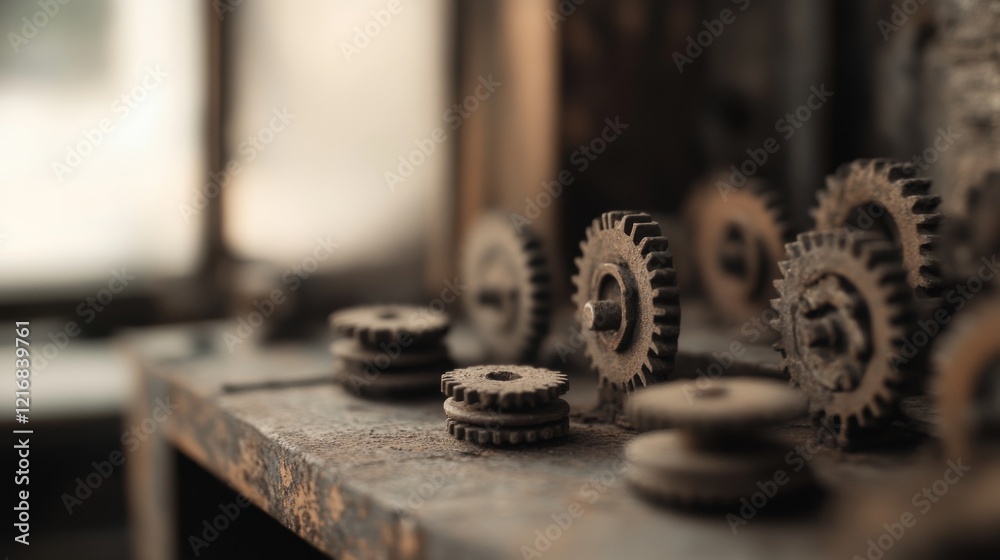 Close-up of Rusty Gears on a Workbench in an Abandoned Workshop with Soft Natural Light