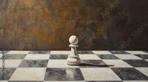 single white pawn on textured chessboard painting: minimalist and abstract oil art depicting solitary chess piece in introspective canvas scene