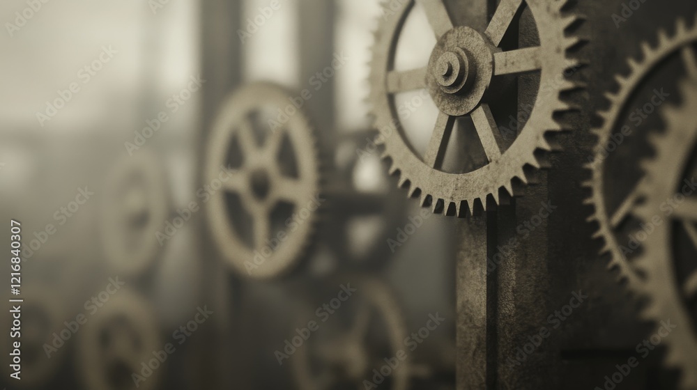 Obraz premium Close-up of vintage gears in a dimly lit workshop, showcasing intricate mechanical details