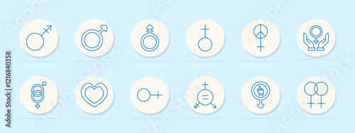 Gender symbols set icon. Male, female, combined gender symbols, equality signs, peace symbol, hands holding female sign, interlocking gender symbols, heart. Equality, and diversity