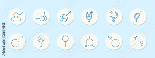 Male and female set icon. People with gender symbols, gender diversity, male and female balance, direction arrows, interlocking symbols. Represent gender roles and societal inclusion