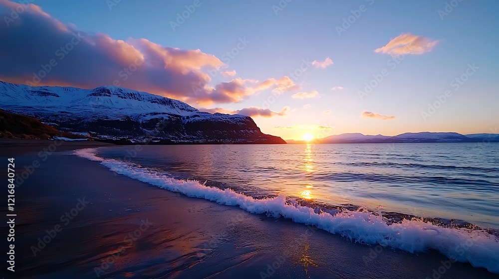 Fototapeta premium Serene Winter Sunset over Snowy Mountains and Ocean Beach