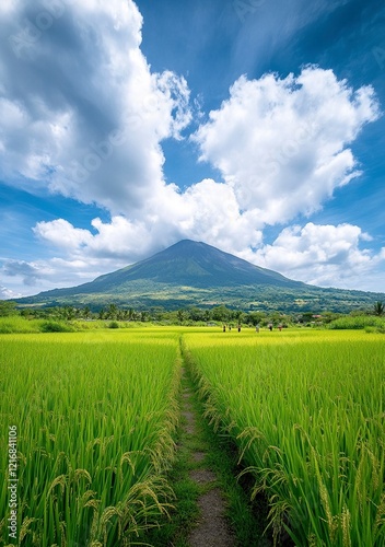 A photo of the grassy peak of Mount Arayat in Kalung, tanjil rÃ«a with blue sky and white clouds. In front is an endless rice field. photo