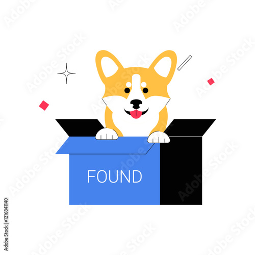 Corgi Dog In A Box With Found Text In Flat Vector Illustration Symbolizing Pet Adoption, Lost And Found Pets, And Animal Rescue, Isolated On White Background.