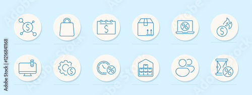 Online shopping set icon. Dollar symbol, shopping bag, computer, cogwheel, calendar, delivery box, promotional discounts, fast shipping, sales, limited-time offers, global trade, retail.