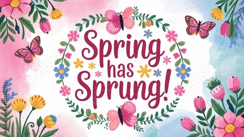 Springthemed design with flowers butterflies pastel colors cheerful font