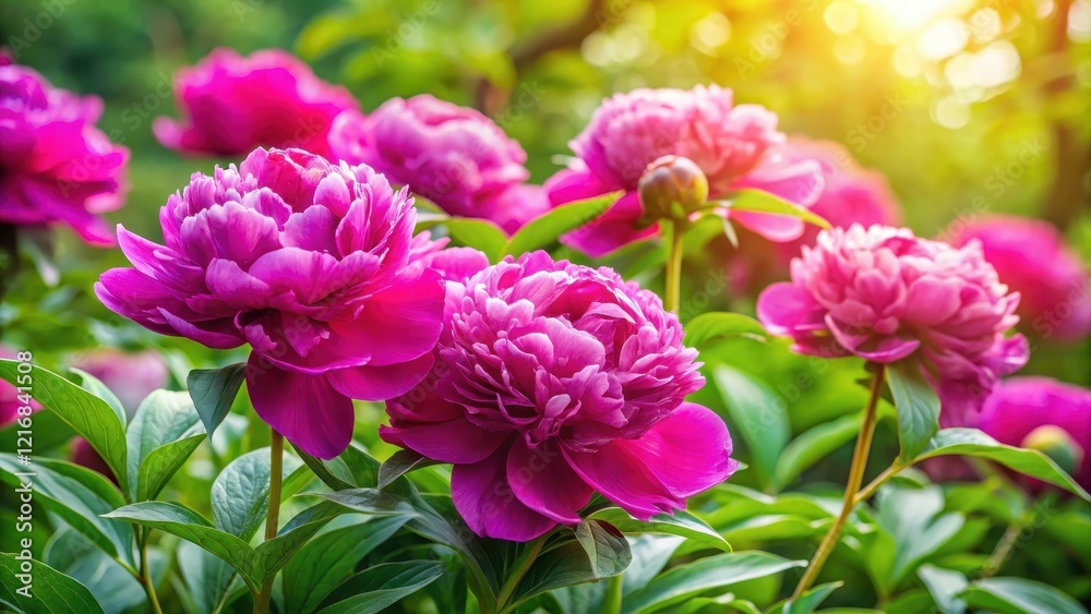 Vibrant fuchsia peonies blooming in a lush summer garden amidst green foliage and soft natural light , flowers Vibrant fuchsia peonies blooming in a lush summer garden amidst green foliage and soft natural light , flowers