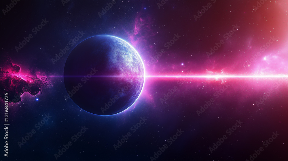 Obraz premium Space planet concept background. Sci-fi fantastic cosmic horizontal poster. Amazing cosmic wallpaper. Raster bitmap digital illustration. AI artwork.