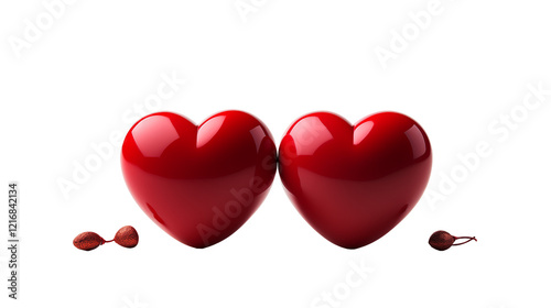 Shiny Red Hearts Pair, Romantic Valentine's Symbol, Passionate Digital Art for Love-Themed Designs, transparent background.