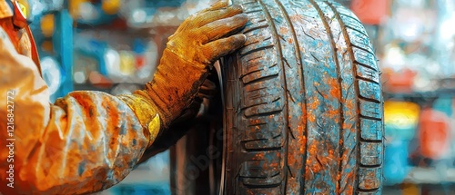 Mechanic Performing Tire Replacement Auto Shop Closeup Image Workshop Environment Focused View Automotive Maintenance photo