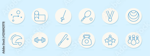 Fitness set icon. Exercise plan, fencing, tennis, medal, balance, weights, baseball, kettlebell, award, bowling