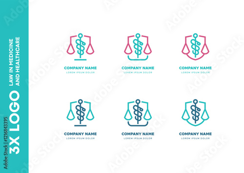 Multiple logo designs combining healthcare and legal themes with a balance scale and Caduceus. Ideal for branding medical law firms or organizations linking healthcare practices with legal services.