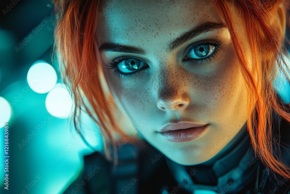 Captivating portrait of a young woman with striking orange hair and vibrant blue eyes in a futuristic setting during nighttime
