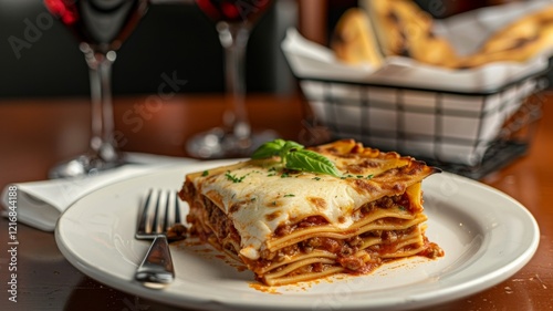 Lasagna: A hearty slice of traditional Italian lasagna with layers of pasta, meat sauce, ricotta cheese, and melted mozzarella.