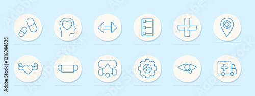 Medical healthcare set icon. Pills, mental health, measurement, checklist, medical cross, location, fitness, mask, goggles, settings, vision, ambulance
