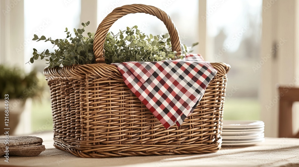 One elegant picnic basket adorned with a charming checkered napkin. Perfect for a delightful outdoor gathering, it's spacious enough to hold all your picnic essentials, keeping them organized One elegant picnic basket adorned with a charming checkered napkin. Perfect for a delightful outdoor gathering, it's spacious enough to hold all your picnic essentials, keeping them organized