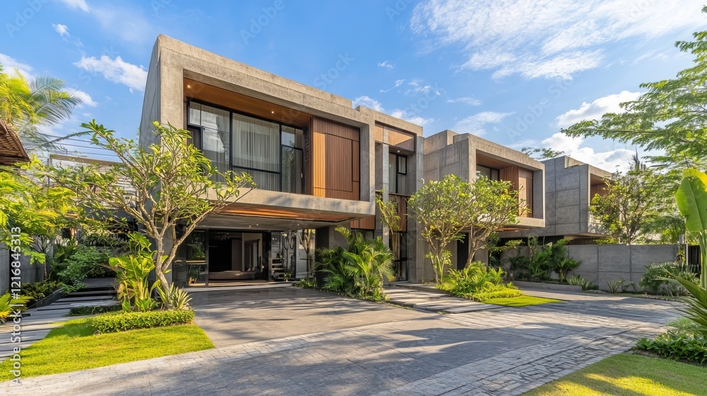 Fototapeta premium Opulent abode boasts a robust concrete facade adorned with warm wooden accents, creating an alluring blend of modernism and rustic charm. The spacious interior exudes comfort and style